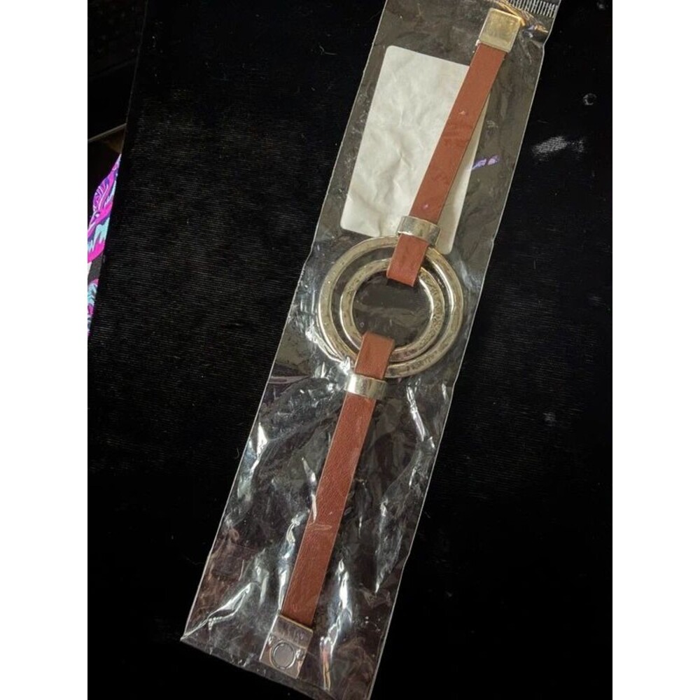 Brown Faux Leather Strap Bracelet, Double Circle, 8"